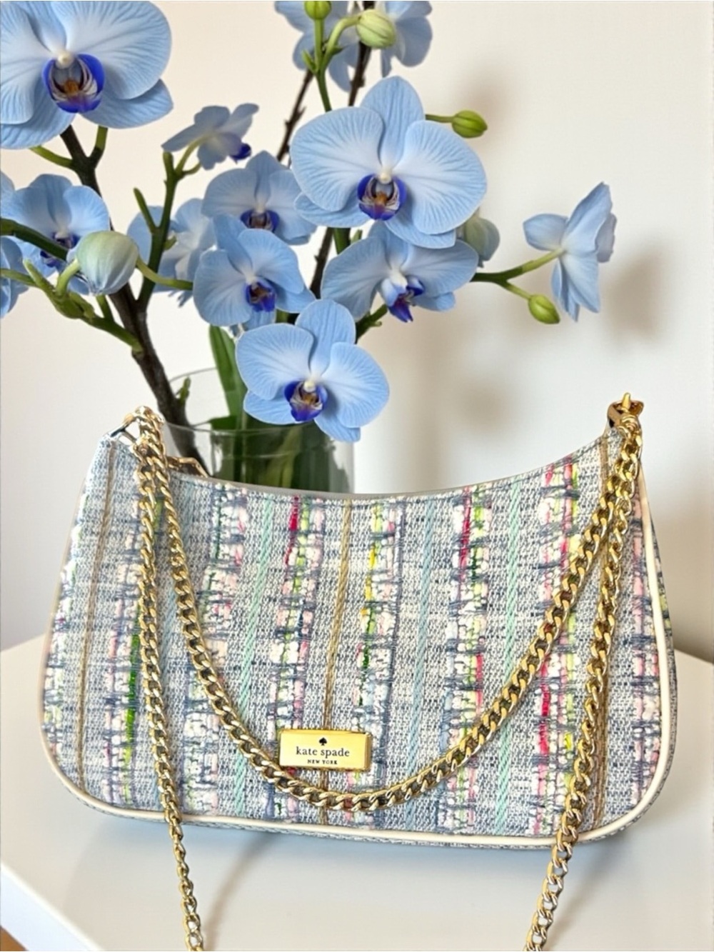 Kate Spade Kiki Blue Multi Tweed Crossbody With Gold Chain MSRP $328 Like New